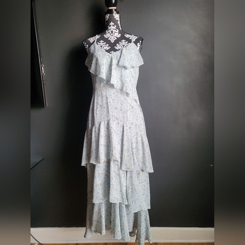 Sugar Lips Women's Mi Amore Blue Floral Print Ruffled Maxi Dress Sz M